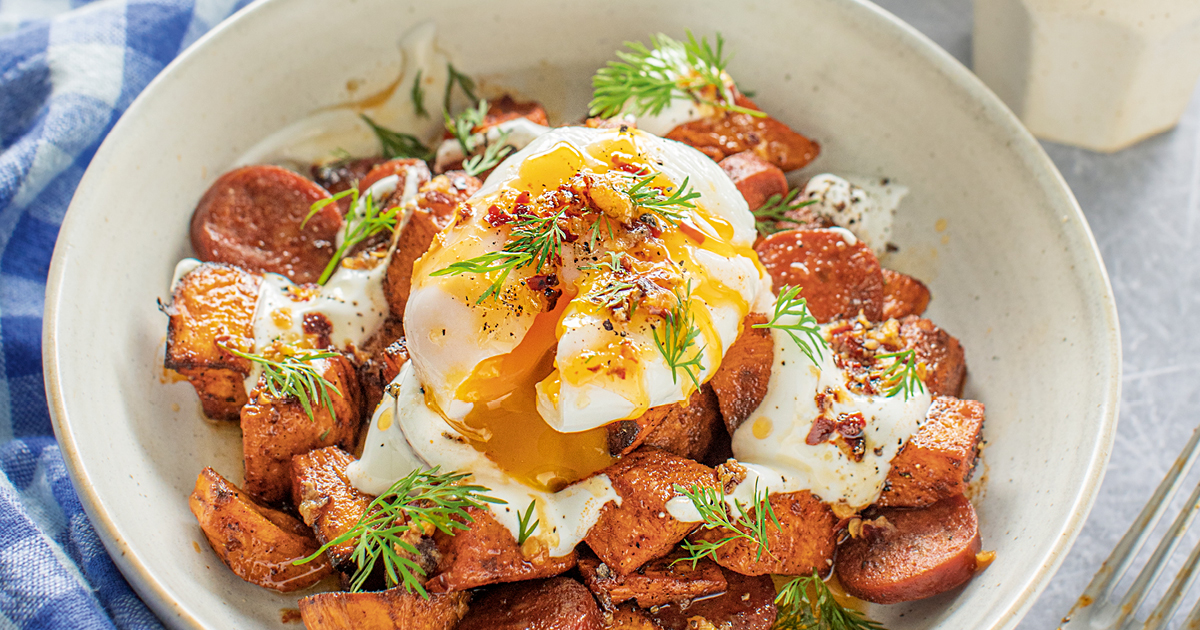 Air Fryer Sweet Potato and Chorizo Hash Living North