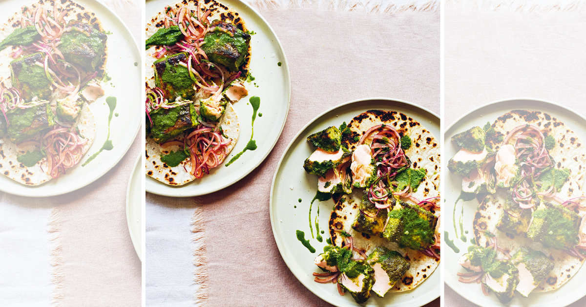 Salmon Tikka Skewers Marinated in Green Chilli, Basil and Coriander